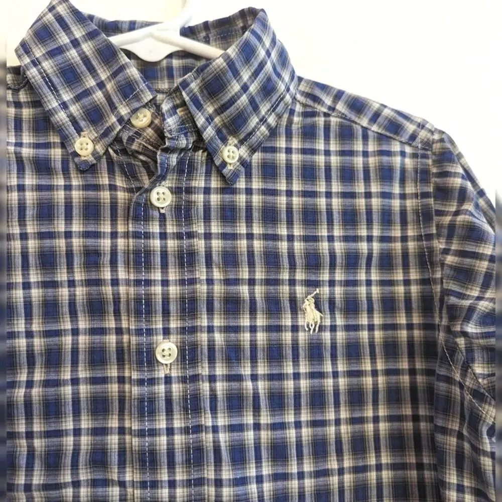 Vtg Ralph Lauren 4T Boys Blue Plaid Long Sleeve Button Down Preppy
